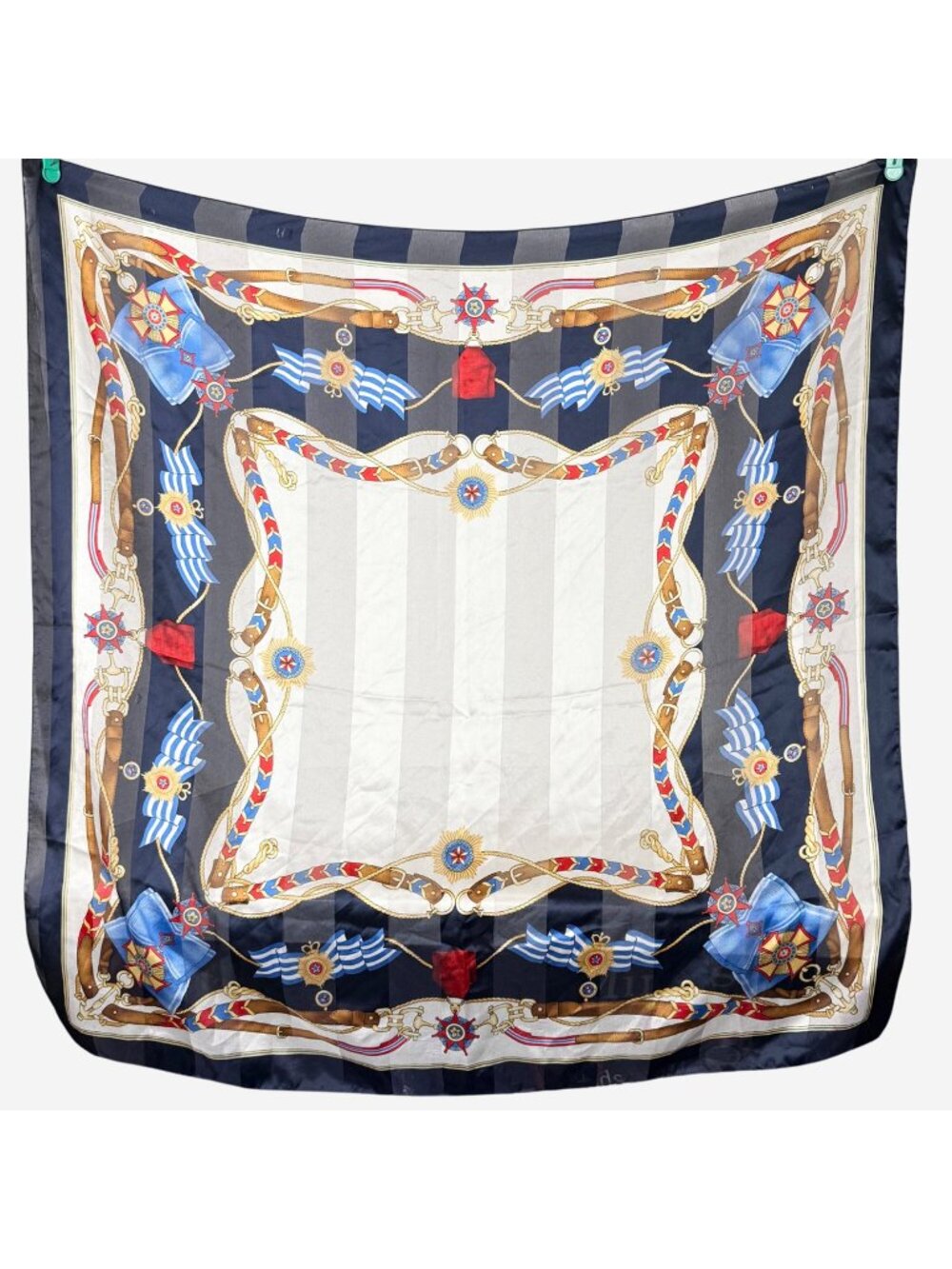 Vintage Silk Scarf Military Medal Equestrian Print Navy White Red Square 35" VGU
